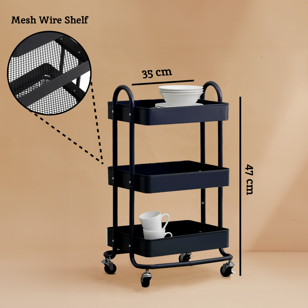 Acero Three Tier Black Metal Trolley