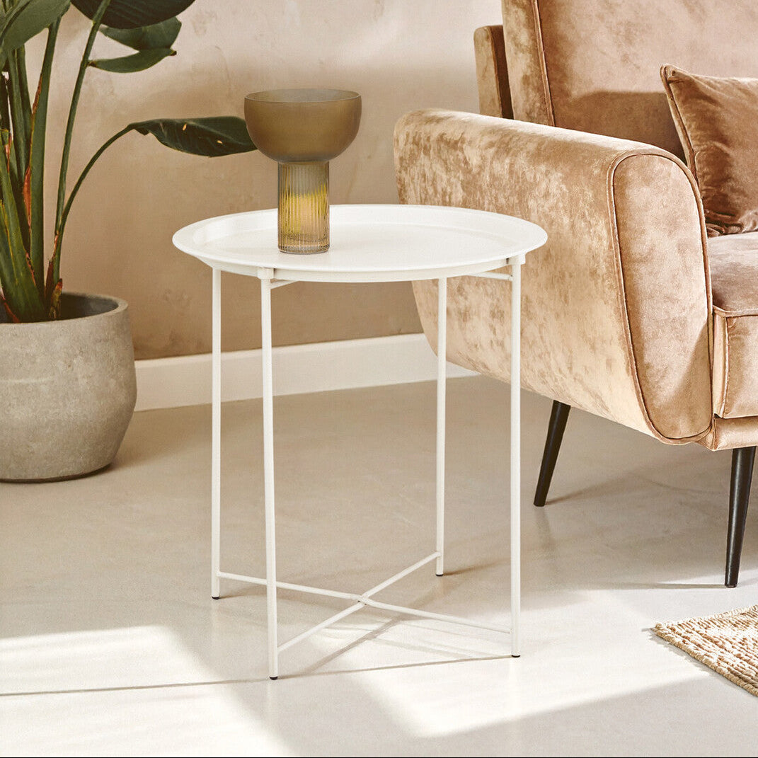 White Powder Coated Metal Round Side Table with Intersecting Cross Base, Acero | Acero