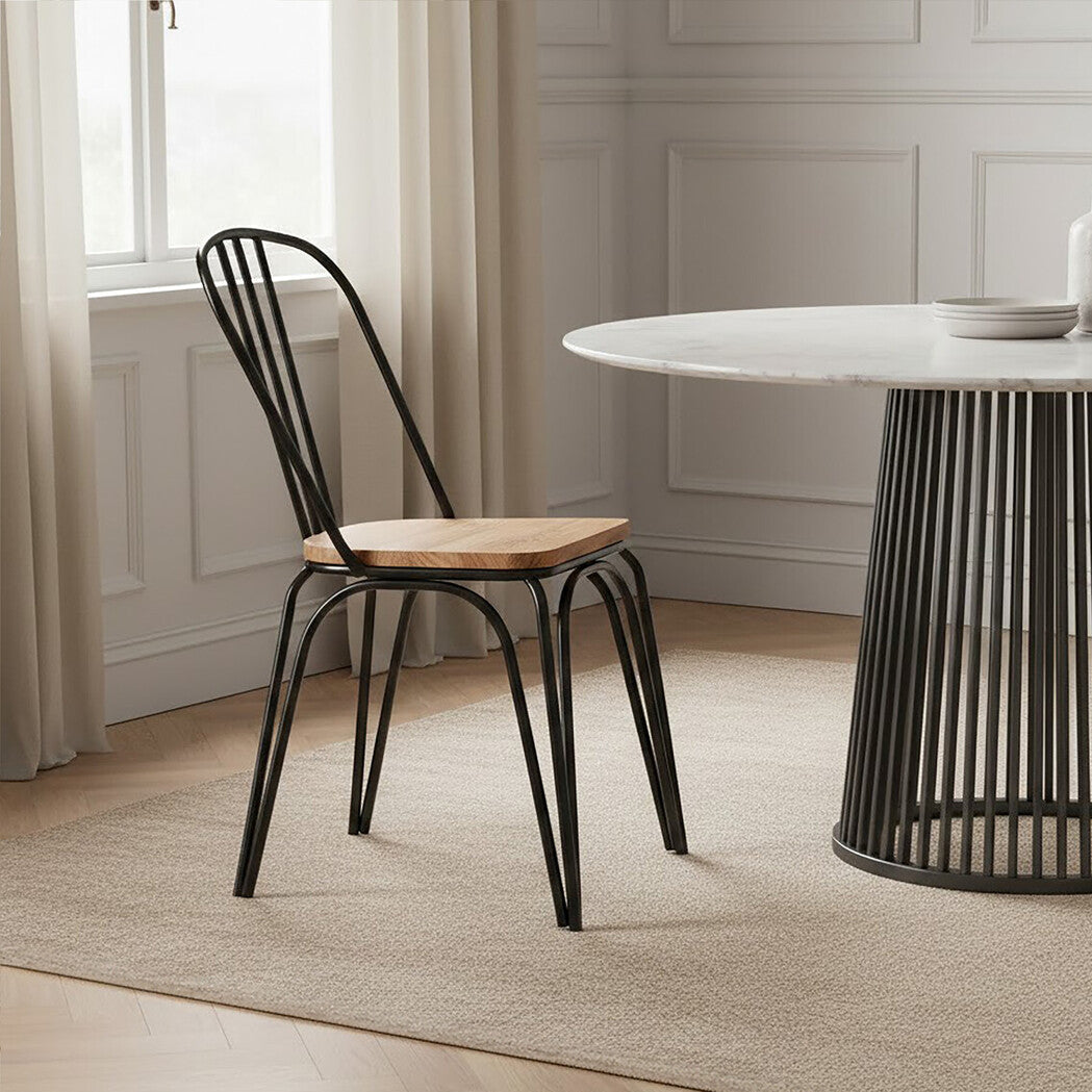 District Dining Chair Elm Wood Seat With Black Finish Metal Frame