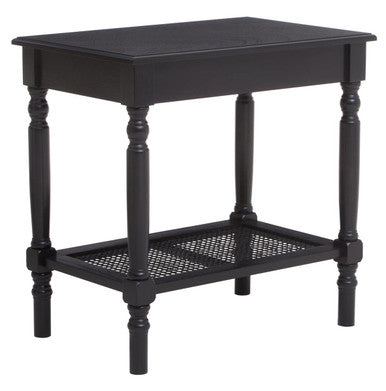 Antique Black Wooden Side Table with Cane Webbing Detail and Carved Spindle Legs, Heritage
