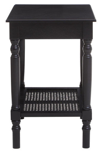 Antique Black Wooden Side Table with Cane Webbing Detail and Carved Spindle Legs, Heritage