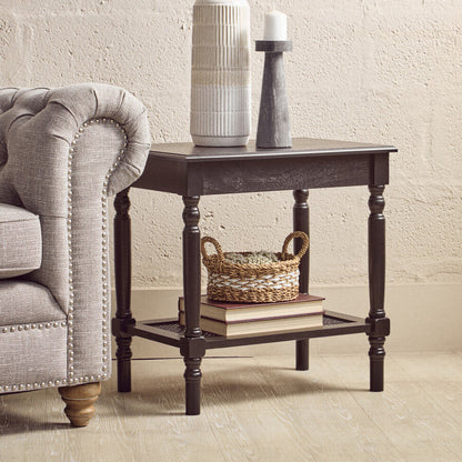 Antique Black Wooden Side Table with Cane Webbing Detail and Carved Spindle Legs, Heritage