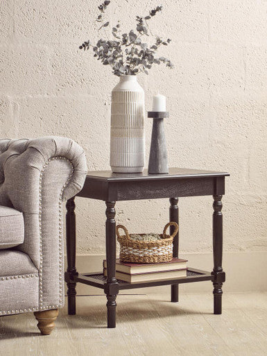 Antique Black Wooden Side Table with Cane Webbing Detail and Carved Spindle Legs, Heritage