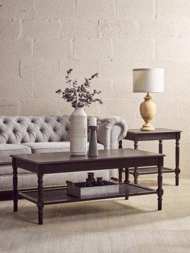 Antique Black Wooden Side Table with Cane Webbing Detail and Carved Spindle Legs, Heritage