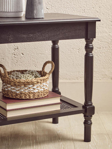 Antique Black Wooden Side Table with Cane Webbing Detail and Carved Spindle Legs, Heritage