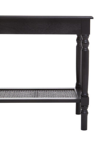 Antique Black Wooden Side Table with Cane Webbing Detail and Carved Spindle Legs, Heritage
