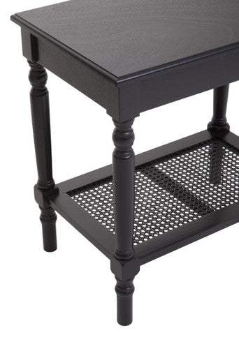 Antique Black Wooden Side Table with Cane Webbing Detail and Carved Spindle Legs, Heritage
