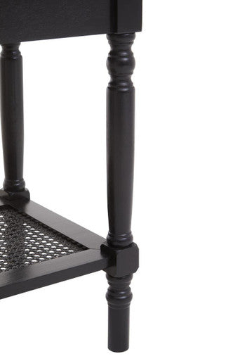 Antique Black Wooden Side Table with Cane Webbing Detail and Carved Spindle Legs, Heritage