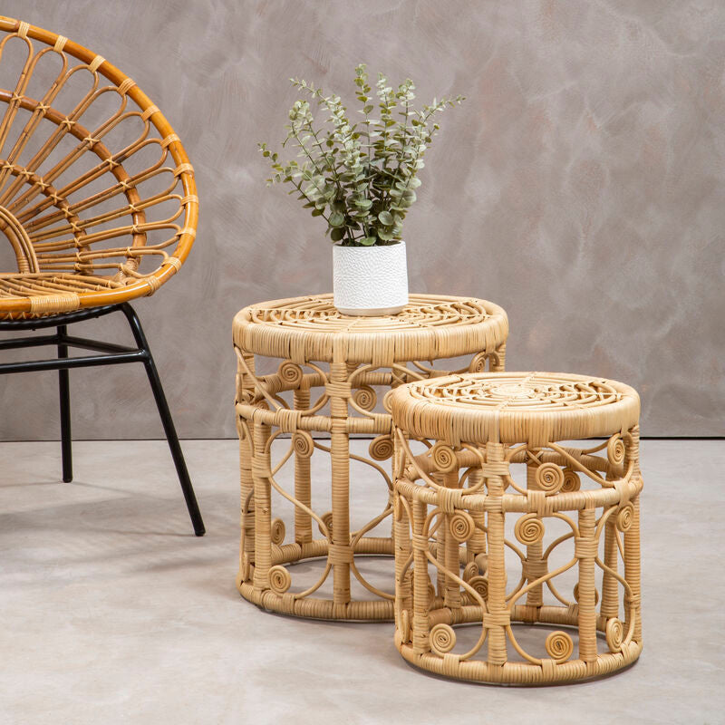 Natural Rattan Set of Two Nesting Tables with Tight Weave Top and Scrolled Base | Mataram