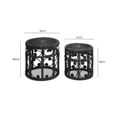Black Natural Rattan Set of Two Nesting Tables with Tight Weave Top and Scrolled Base | Mataram