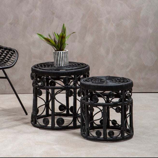 Black Natural Rattan Set of Two Nesting Tables with Tight Weave Top and Scrolled Base | Mataram