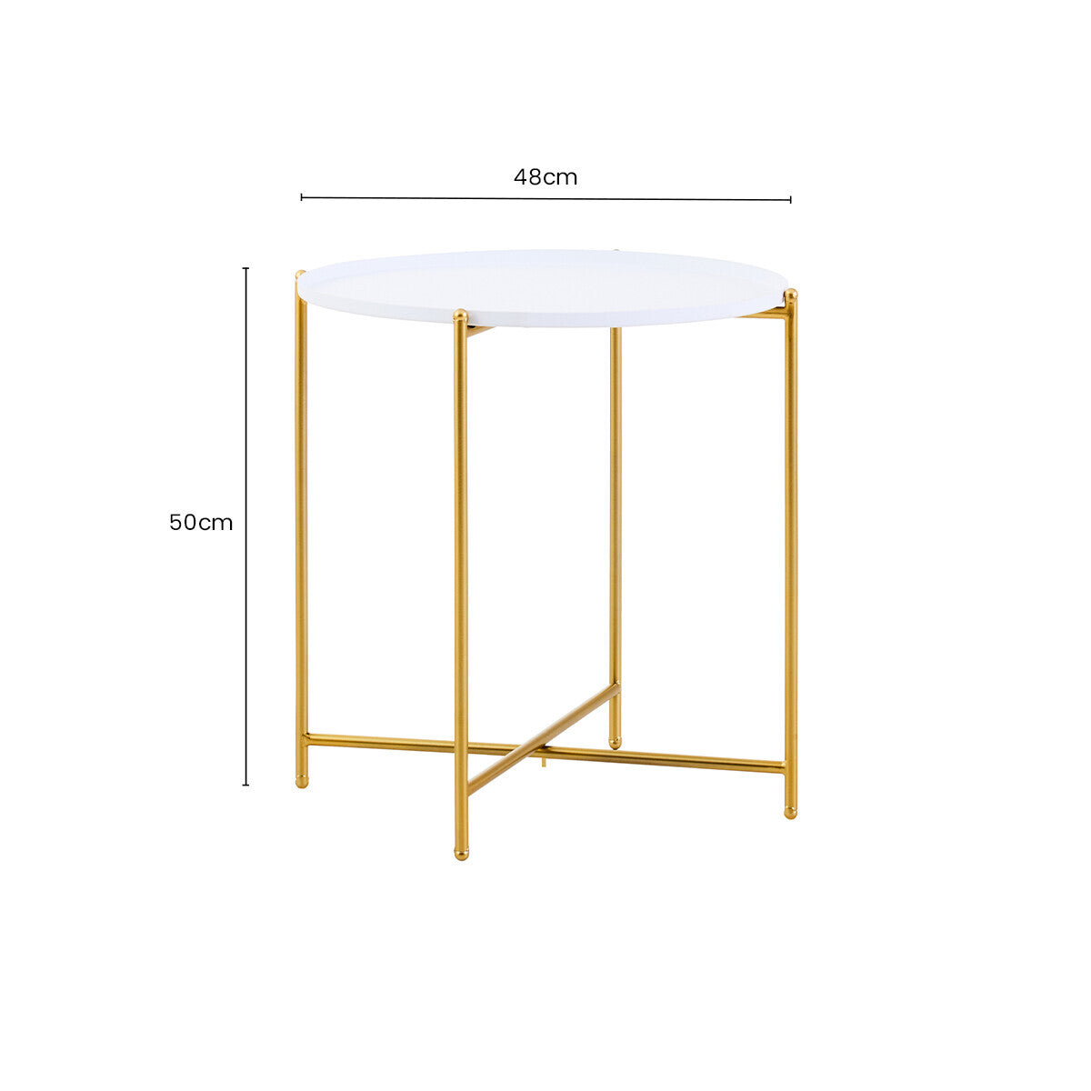 White Tray Top Round Side Table with Gold Finish Criss Cross Base | Trosa