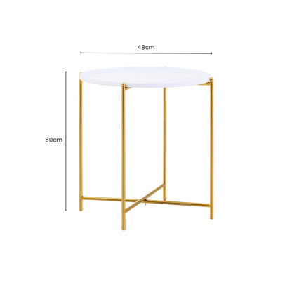 White Tray Top Round Side Table with Gold Finish Criss Cross Base | Trosa