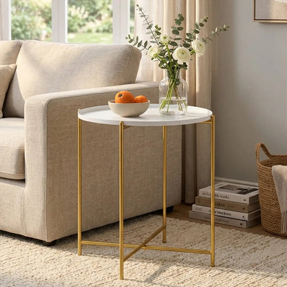 White Tray Top Round Side Table with Gold Finish Criss Cross Base | Trosa