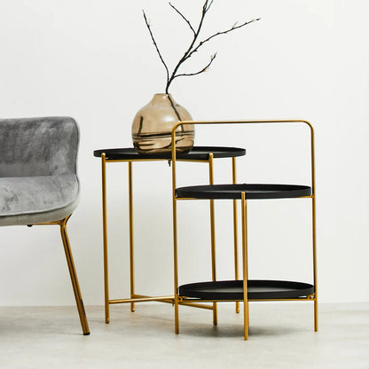 Black Rounded Shelves Two-Tier Side Table with Gold Iron Stand | Trosa