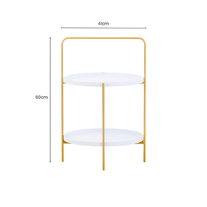 White Rounded Shelves Two-Tier Side Table with Gold Iron Stand | Trosa