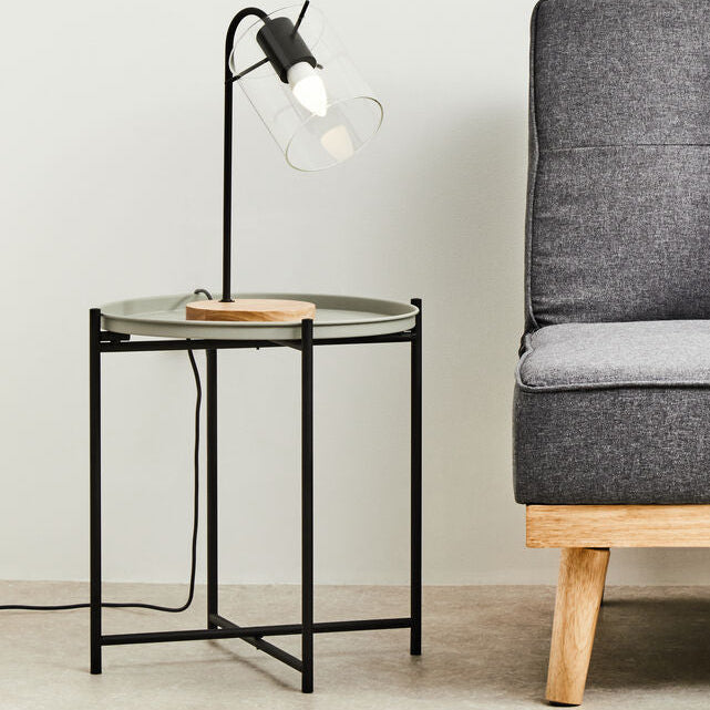 Round Grey Top Side Table with Black Iron Lattice Base | Trosa