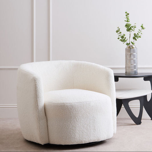 Montreal Ivory Boucle Effect Curved Lounge Chair With Swivel Base