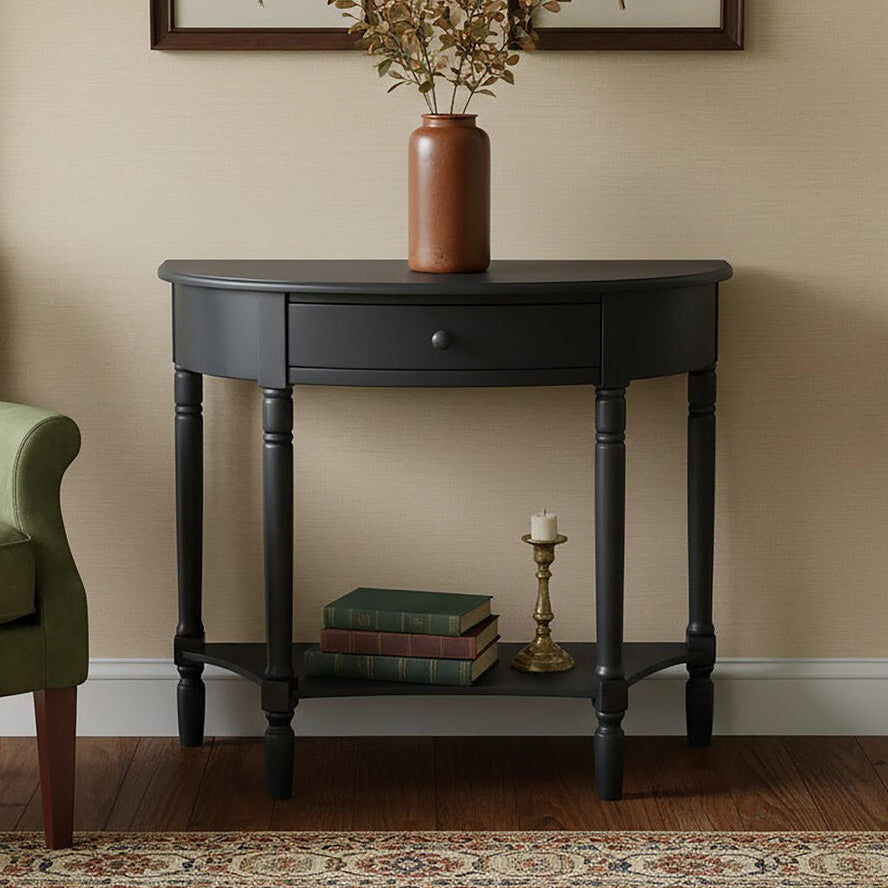 Heritage Black Pine Wood Half Moon Console Table with Drawer