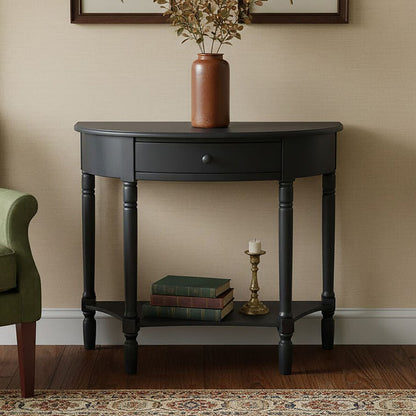 Heritage Black Pine Wood Half Moon Console Table with Drawer