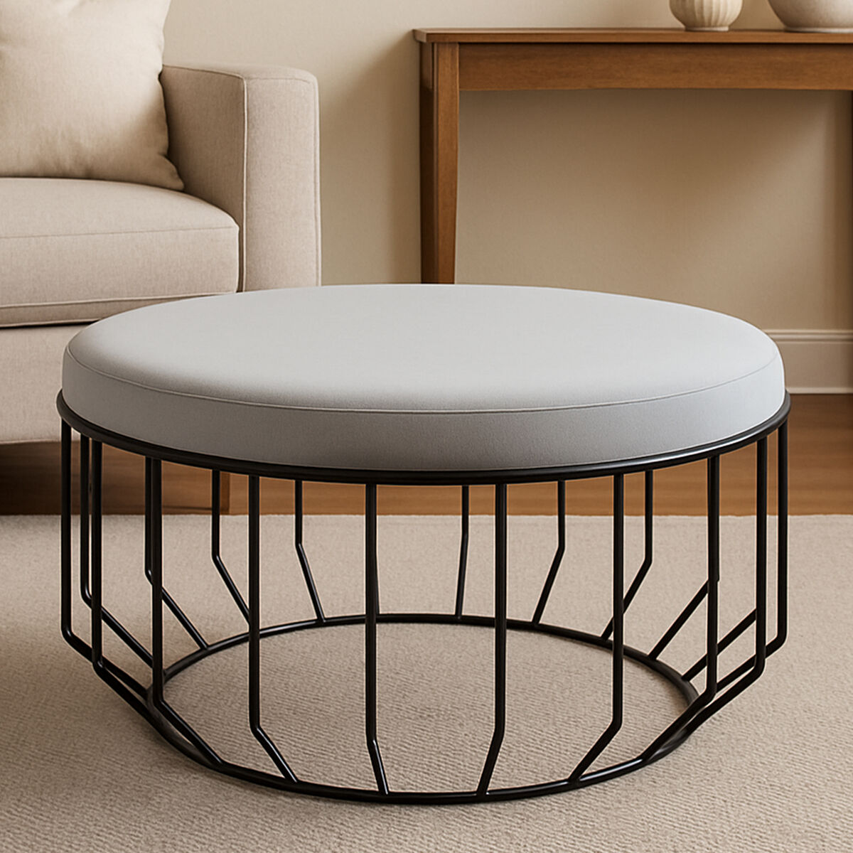 Hayes Round Grey Velvet and Black Metal Large Footstool