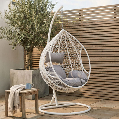 Goa White Rattan Effect Hanging Chair With Grey Cushions