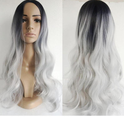 Black silver gray mid-point long curly hair cos fake