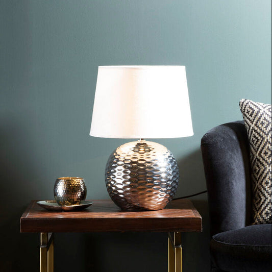 Amiya Dimple Effect Table Lamp In Chrome With Fabric Shade