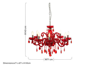 Murano 8 Bulb Chrome And Red Crystal Glass Chandelier