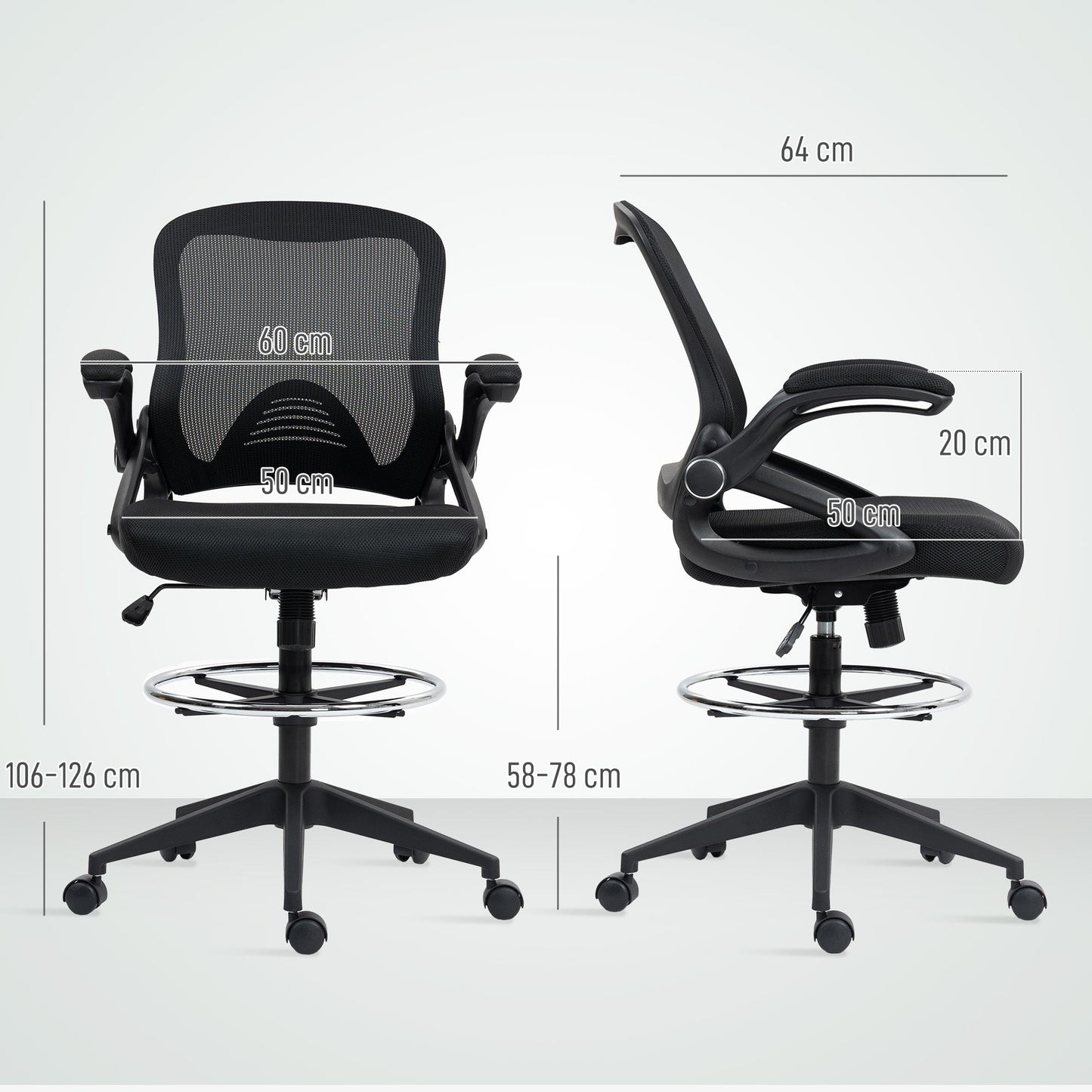 Vinsetto Drafting Chair with Flip-up Armrest, Mesh Office Stool with Foot Ring, 360° Swivel Height Adjustable Chair for Standing Desk, Black