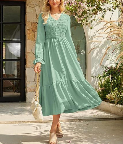 Women's Solid-Color Pleated V-Neck Flowy Casual Dress