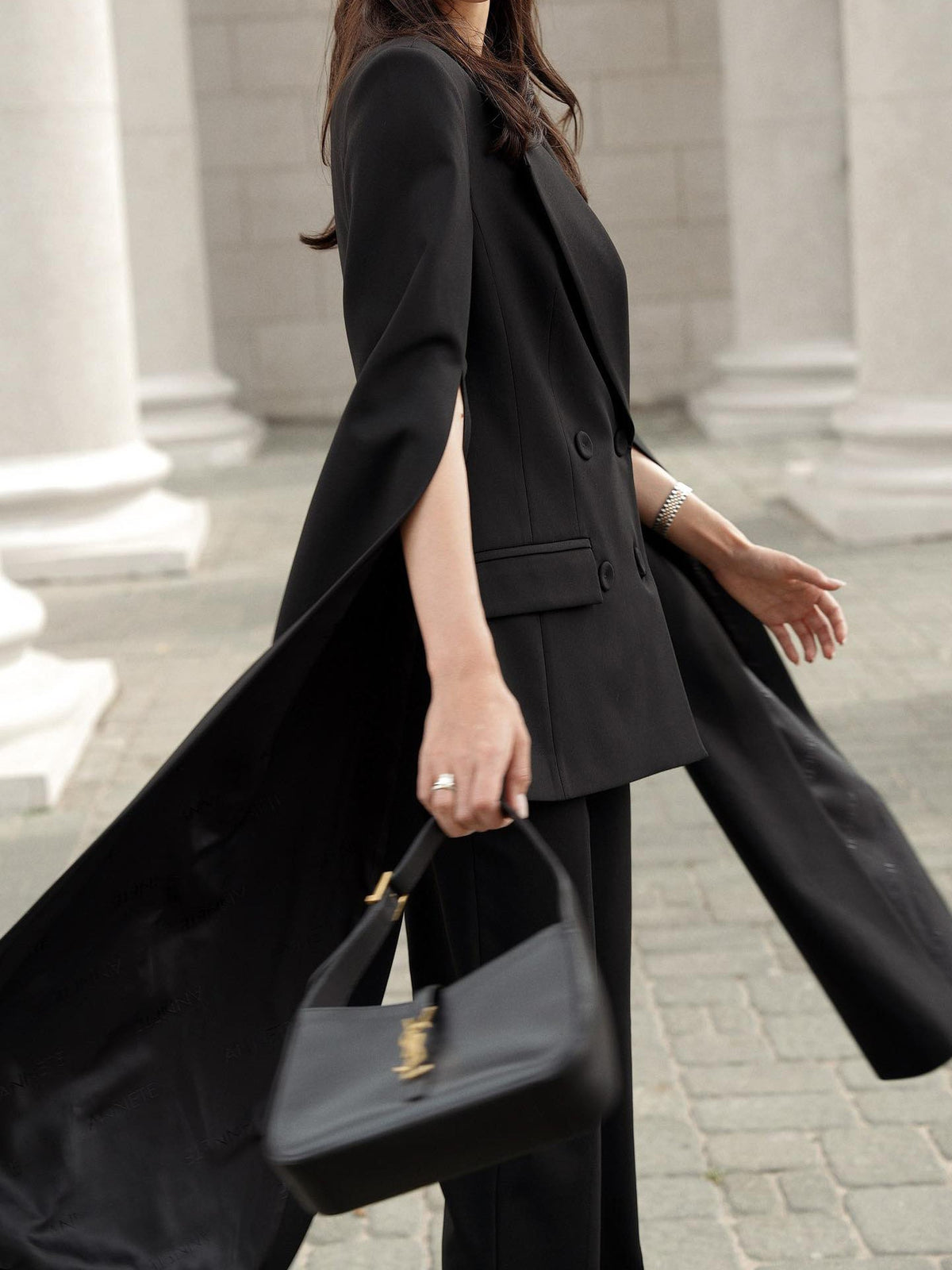 Black Cape Blazer Suit With Cropped Pants Set