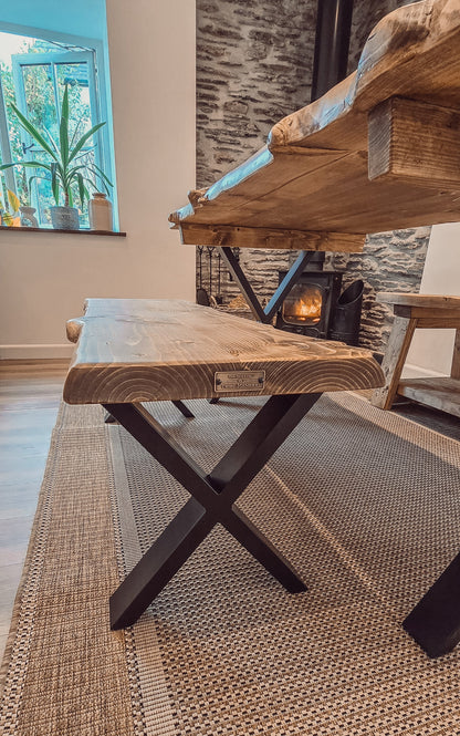 Live / Waney Edge Dining Table With X Cross Metal Legs