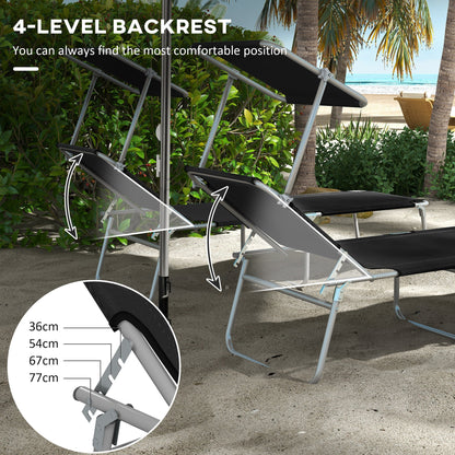 Outsunny Foldable Sun Lounger Set of 2 with Sun Shade & Adjustable Backrest - Black