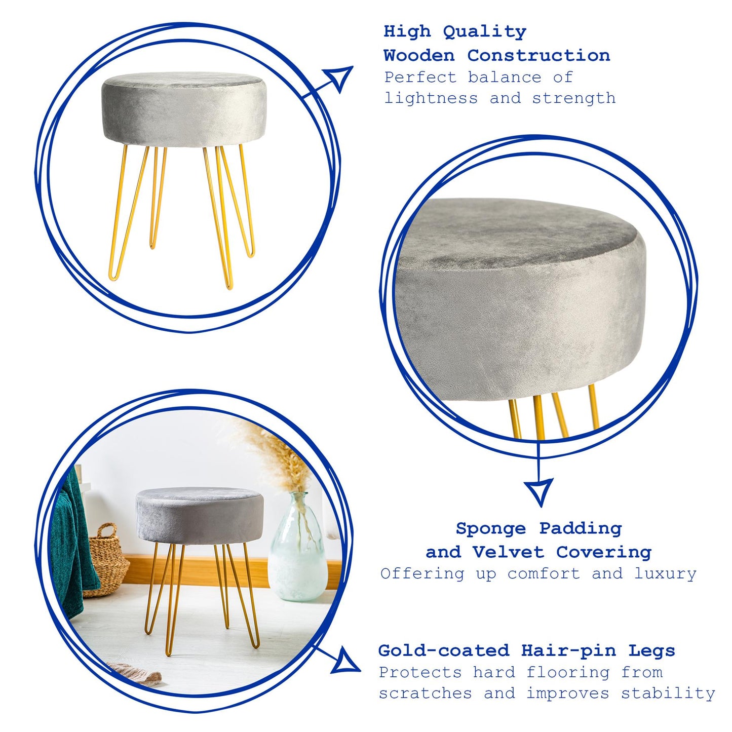 Grey Round Velvet Footstool