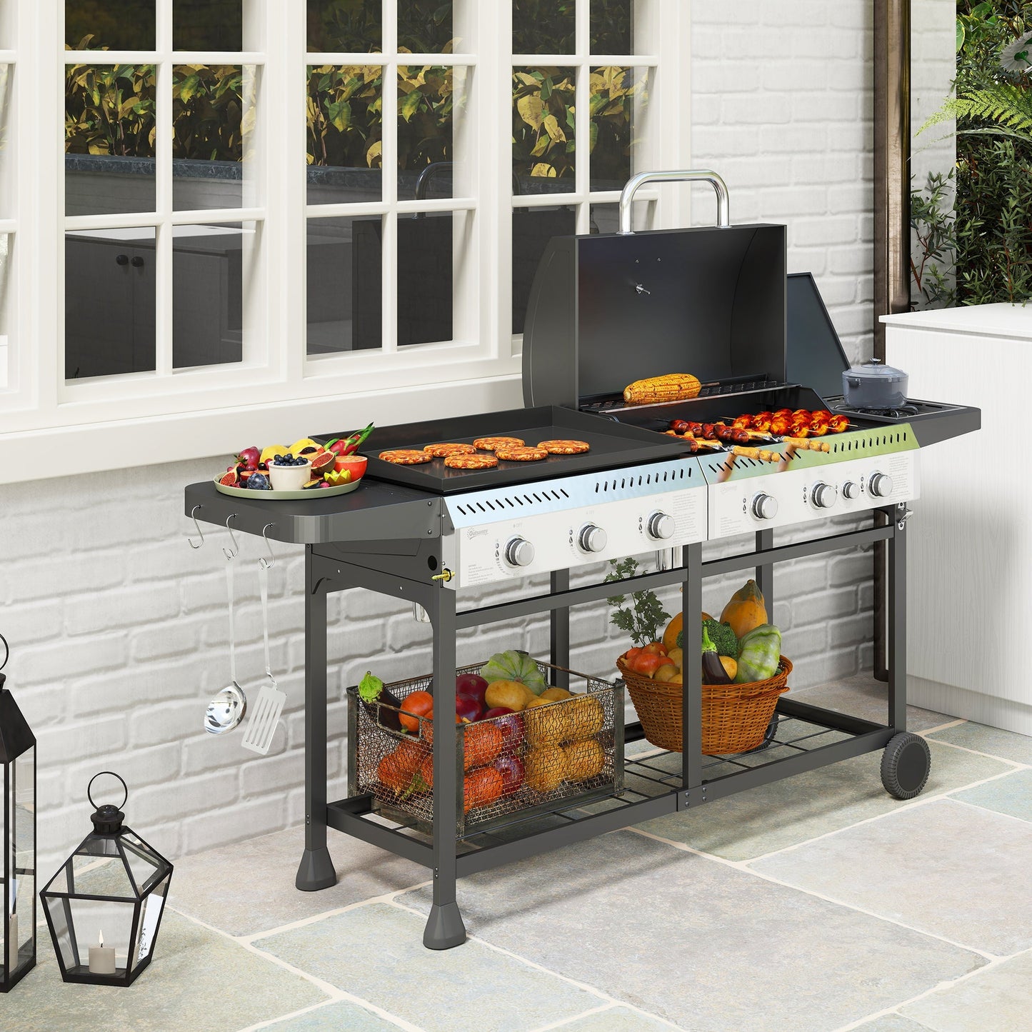Outsunny Deluxe Duo Gas BBQ, with Grill, Plancha and Side Burner - Black