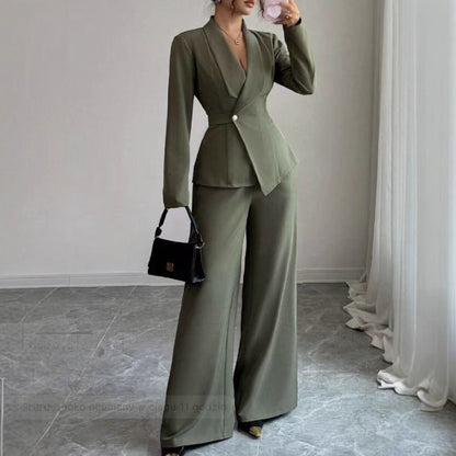 Solid-color Long-sleeve Straight-leg Pants Set For Women