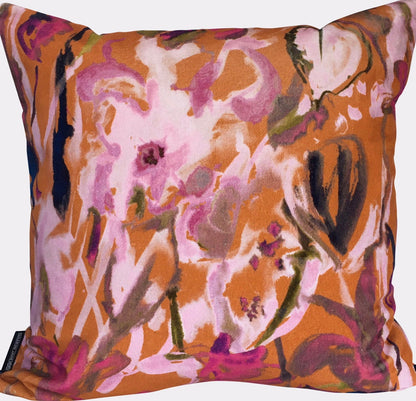 Watercolour Floral Velvet Cushion - Burnt Orange