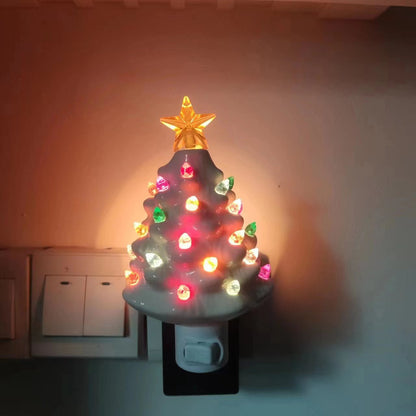Ceramic Christmas Tree Night Lamp - Elegant Wall Plug Light in White & Green