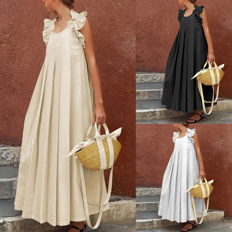 Women's Casual Long Ruffle-Trimmed Solid-Color Dress