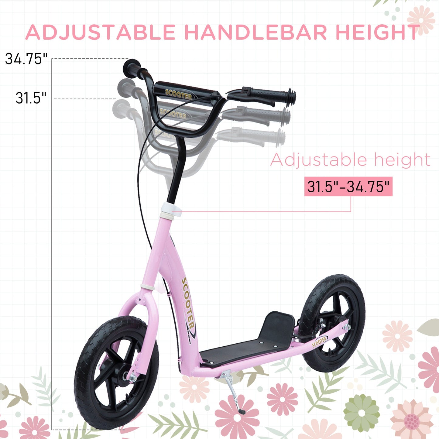 HOMCOM Kids Scooter Kick Scooter with 12" EVA Tyres, Rear Brake, Big Wheels Scooter for 5-12 Years Old, Pink