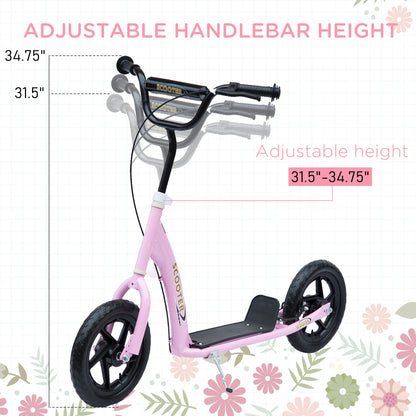 HOMCOM Kids Scooter Kick Scooter with 12" EVA Tyres, Rear Brake, Big Wheels Scooter for 5-12 Years Old, Pink