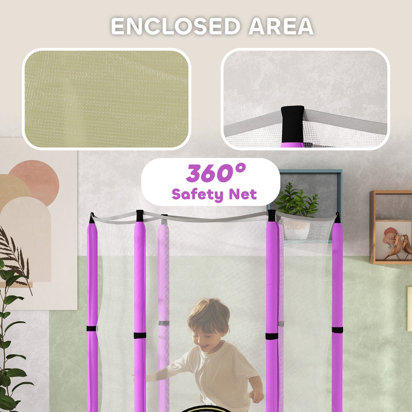 AIYAPLAY 4.6ft Toddler Trampoline w/ Safety Enclosure Net, for Indoor Outdoor Use, Ages 3-6 Years, Purple