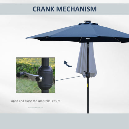 Outsunny 2.7m Garden Parasol Sun Umbrella w/ LED Solar Light Angled Canopy Blue