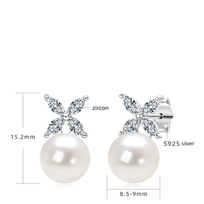 Fashionable freshwater pearl earrings s925 pure silver round strong light bulb earrings