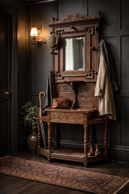 Antique Oak Hallway Coat & Hat Stand with Mirror and Storage