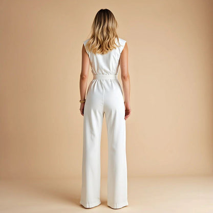 Temperament strap waist cinching jumpsuit sleeveless wide leg pants