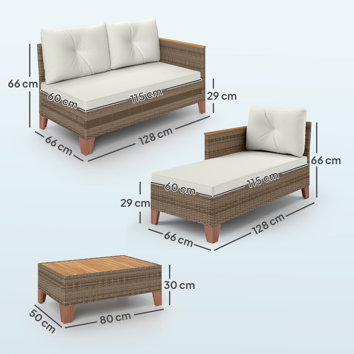 Outsunny 3 Pieces Rattan Garden Furniture Set, L Shaped Garden Conversation Chaise Lounge Furniture with Wood Top Coffee Table and Thick Cushions, Cream