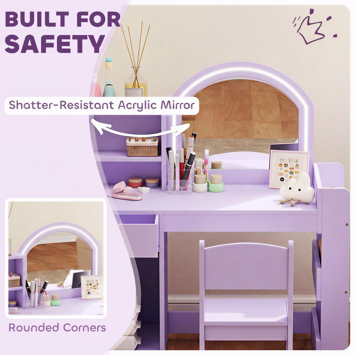 AIYAPLAY Kids Vanity Table and Chair Set, Kids Vanity Table with 2-Colour LED Mirror, Stool, Cabinet, Drawer, Shelves, Purple