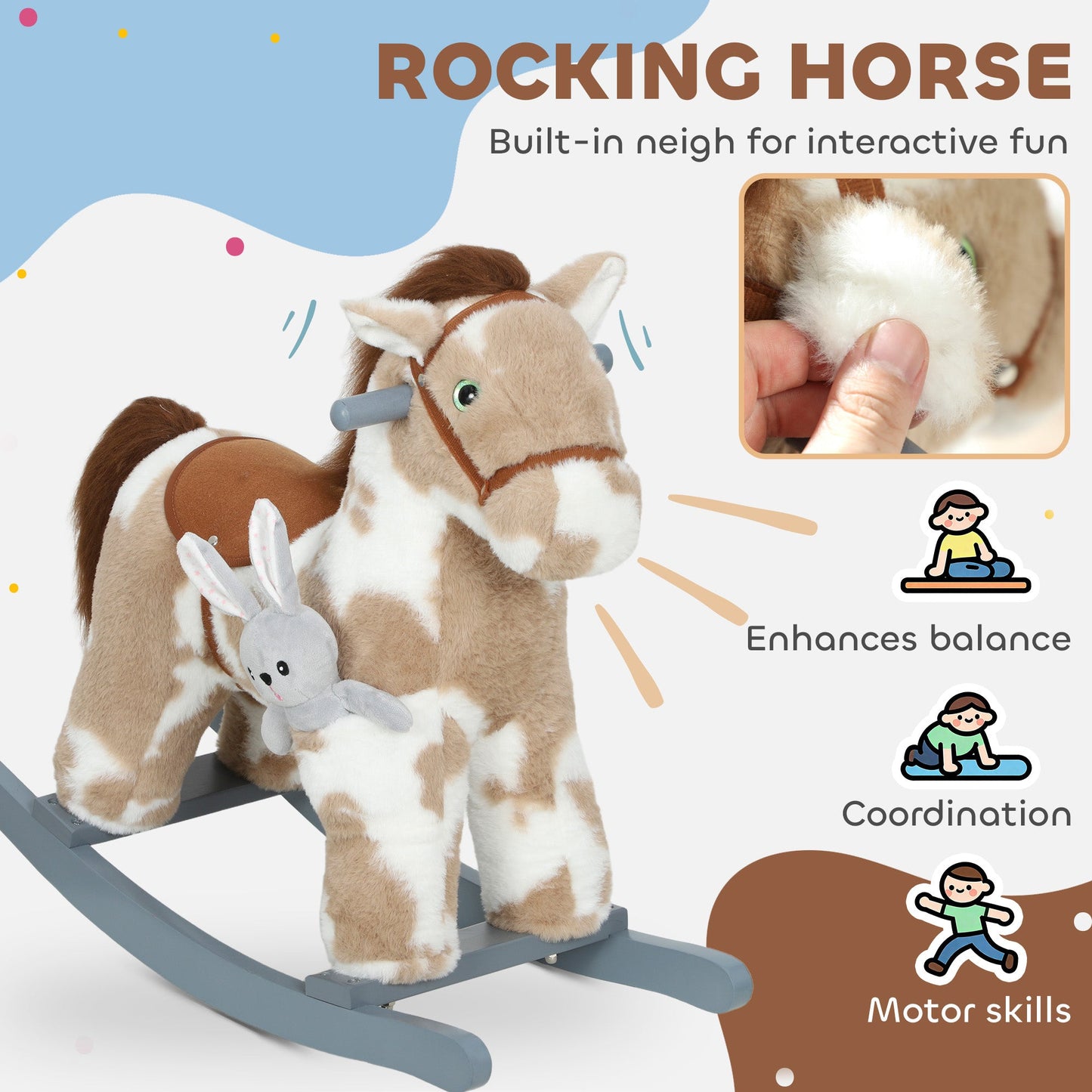 AIYAPLAY Baby Rocking Horse, Plush Animal Rocker with Realistic Sound and Toy, Rocking Toy Chair for Kids Aged 2-5, Brown